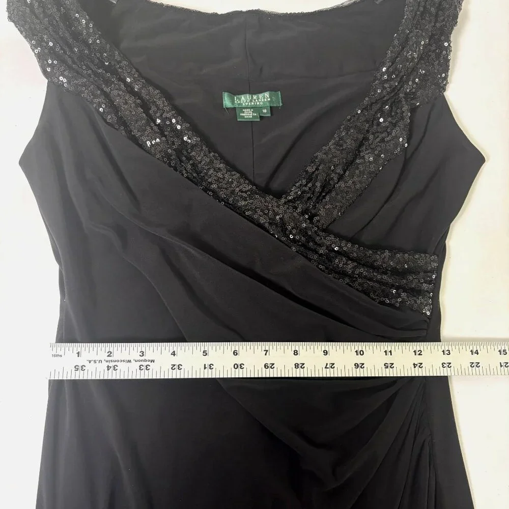 Lauren Ralph‎ Lauren Evening Sequin Cocktail Dress Size 10 Black Ruched Sheath